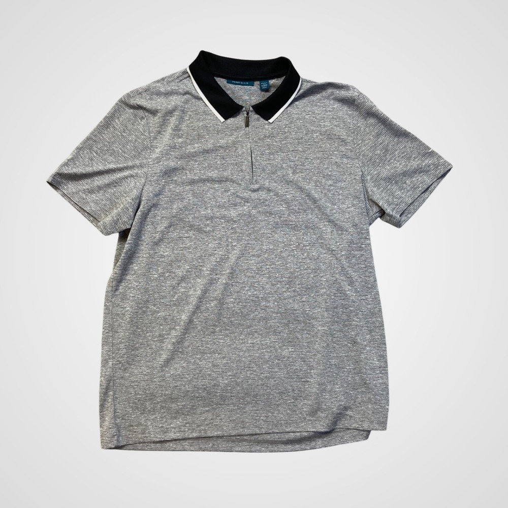Perry Ellis Quarter Zip Polo Mens XL Grey White Excellent Marled Short Sleeve